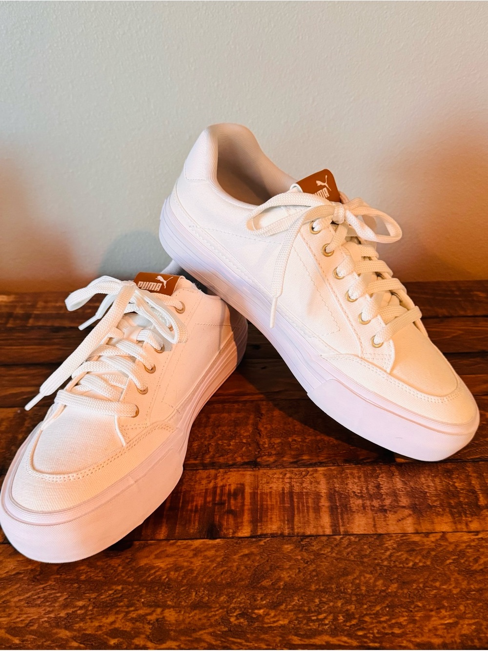 Puma White Court Classic Sneakers with Tan Logo Tab